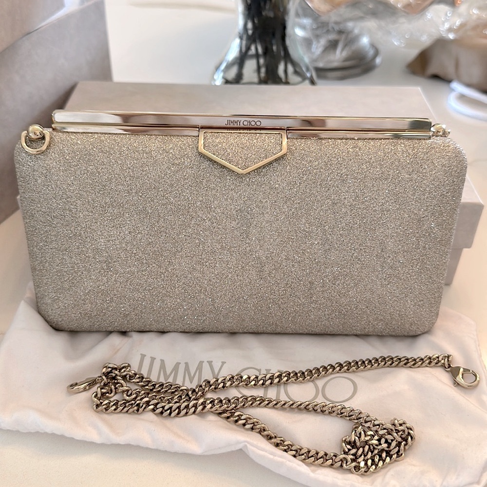 Jimmy Choo Ellipse Champagne Coarse Glitter Fabric Clutch Bag